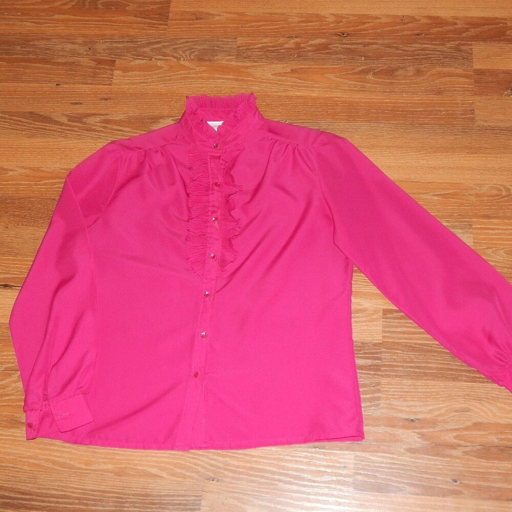 Vintage Laura Mae Hot Pink Polyester Tuxedo Ruffle Front Women's Size 14 Blouse